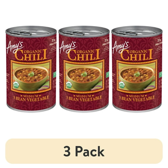 (3 pack) Amy's Kitchen Organic 3 Bean Vegetable Chili, Plant-Based Vegan Chili, Gluten Free, Canned Chili, 14.7 oz