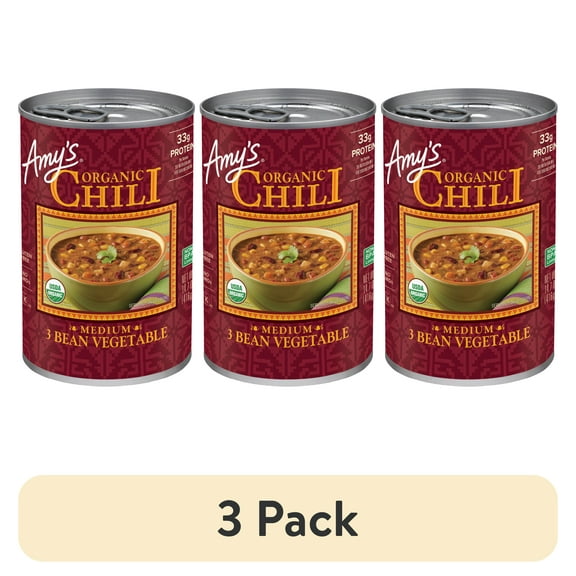 (3 pack) Amy's Kitchen Organic 3 Bean Vegetable Chili, Plant-Based Vegan Chili, Gluten Free, Canned Chili, 14.7 oz