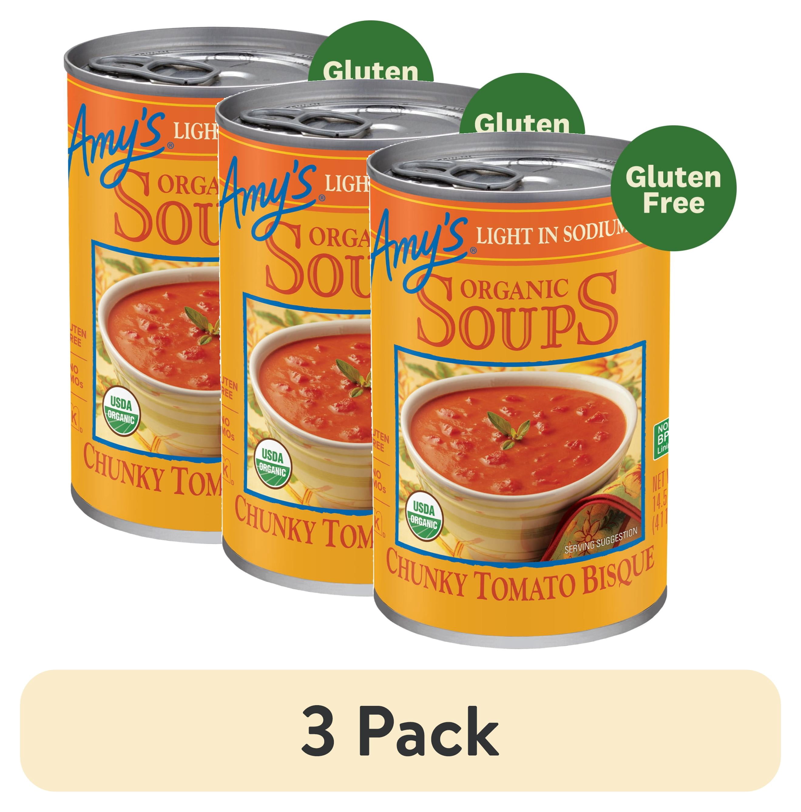 (3 pack) Amy’s Soup, Organic Light in Sodium Chunky Tomato Bisque, Made With Organic Tomatoes, Canned Soup, 14.5 Oz