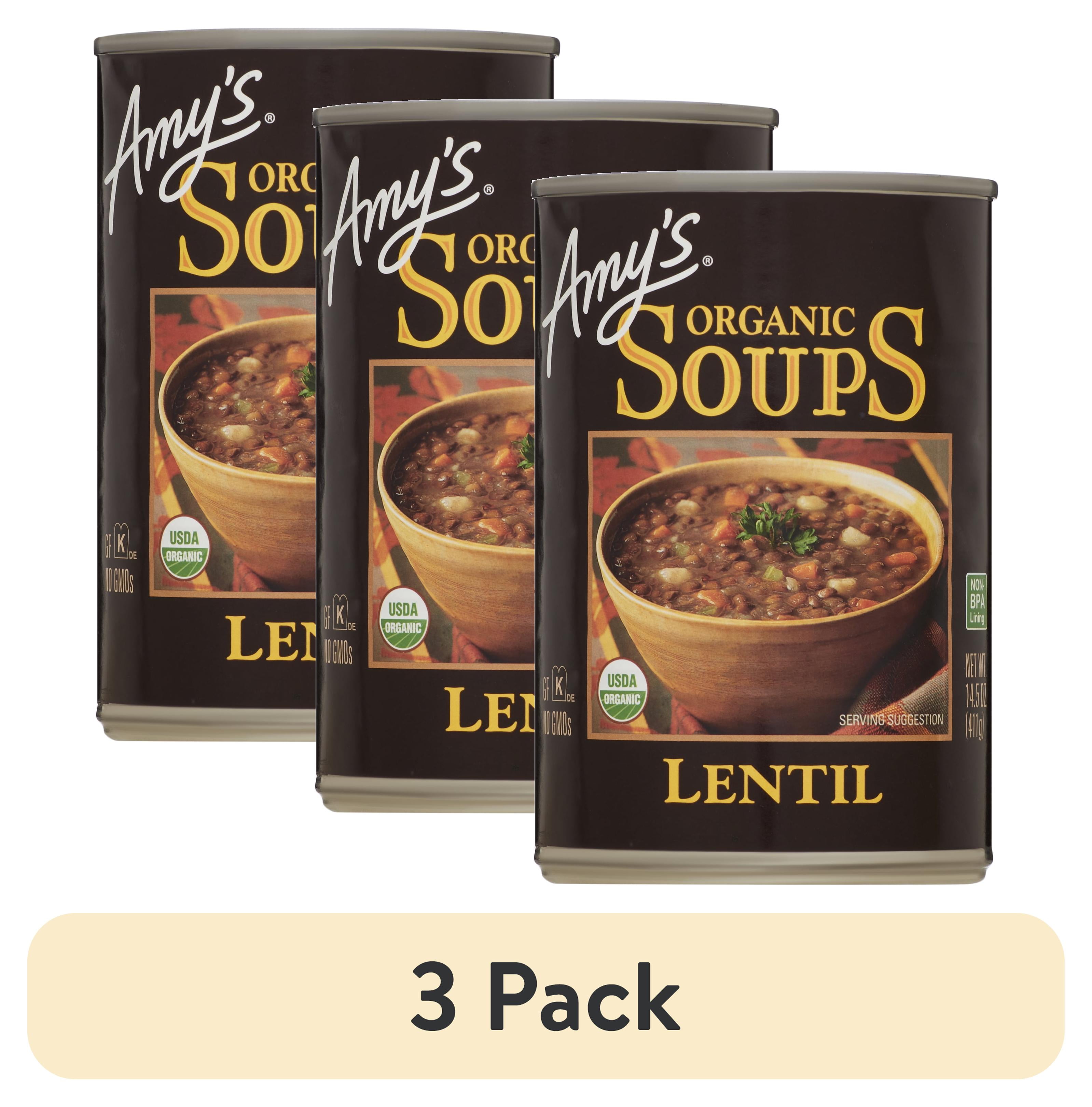 (3 pack) Amys Soup, Plant-Based Organic Lentil Soup, Gluten Free, Made With Organic Green Lentils and Vegetables, Canned Soup, 14.5 Oz