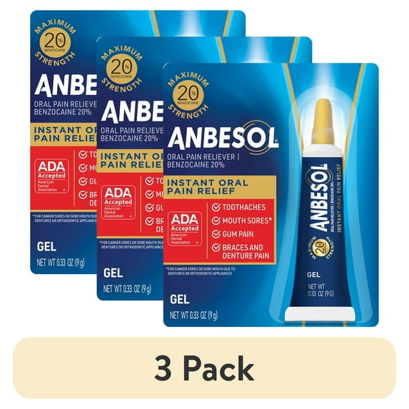 (3 pack) Anbesol Gel Maximum Strength, Instant Oral Pain Relief, 0.33 oz.