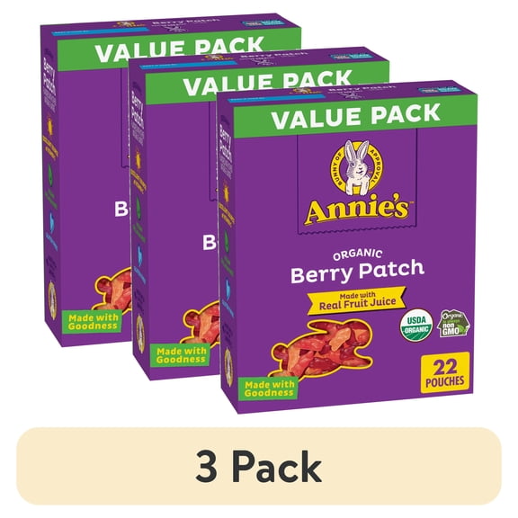 (3 pack) Annie's Organic Berry Patch Bunny Fruit Flavored Snacks, Value Pack, 22 Pouches, 15.4 oz