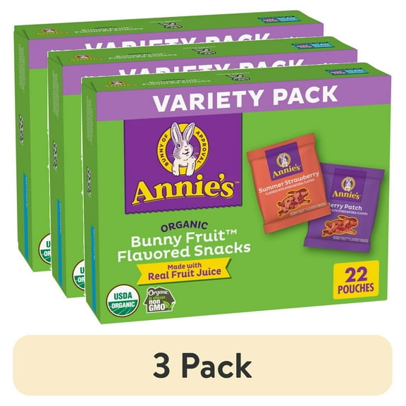 (3 pack) Annie's Organic Bunny Fruit Snacks, Variety Pack, Gluten Free Snack, 22 Count, 15.4 oz