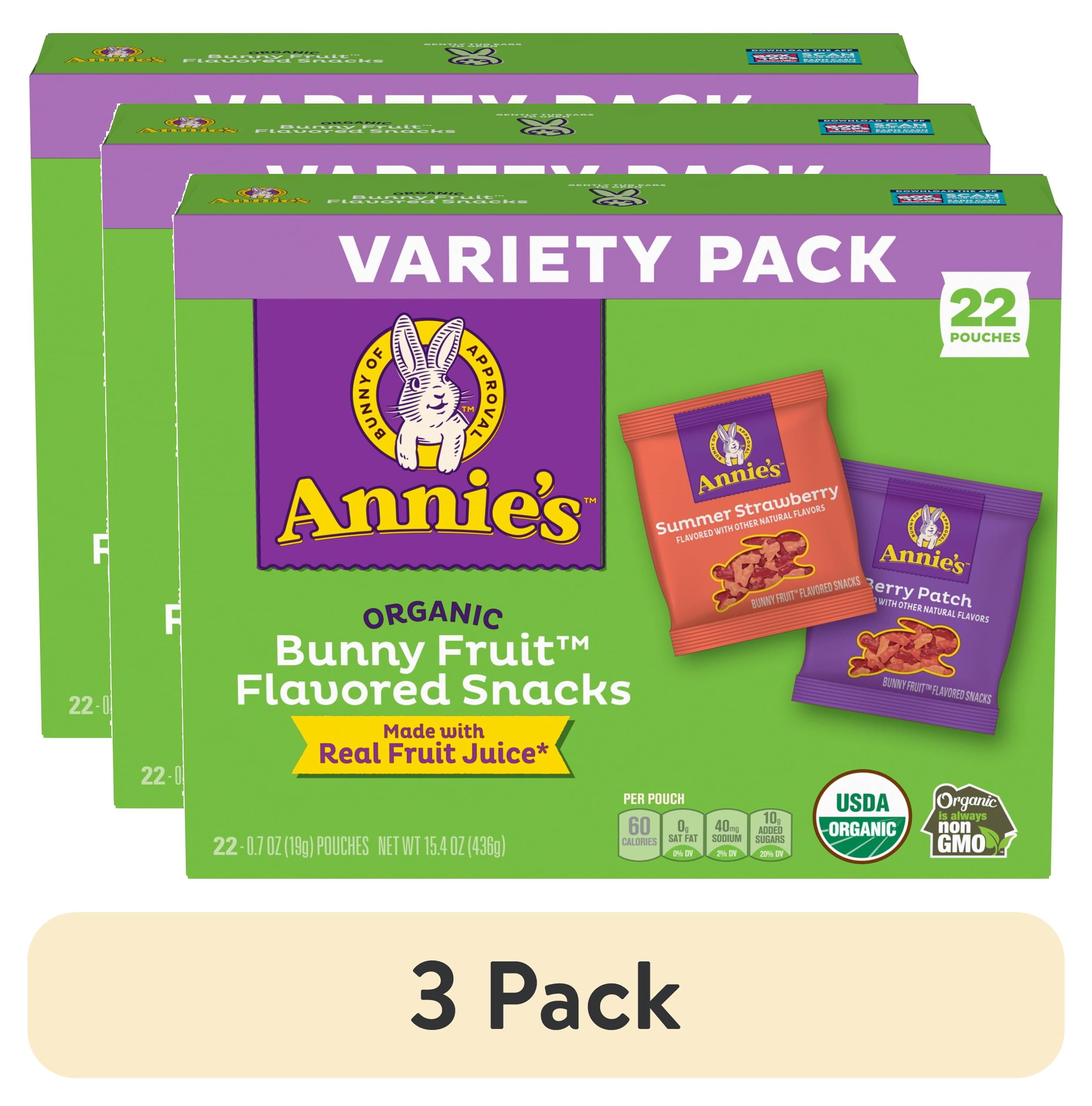 (3 pack) Annie's Organic Bunny Fruit Snacks, Variety Pack, Gluten Free Snack, 22 Count, 15.4 oz
