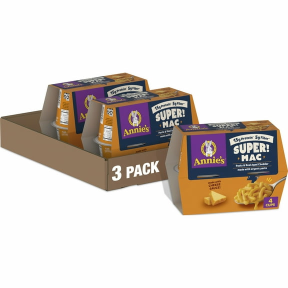 (3 pack) Annie's Super! Mac Microwave Pasta and Real Aged Cheddar Cups, 4 Ct, 11.44 oz