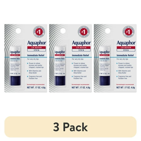 (3 pack) Aquaphor Lip Repair Balm Stick for Dry Chapped Lips with Shea Butter, 0.17 oz