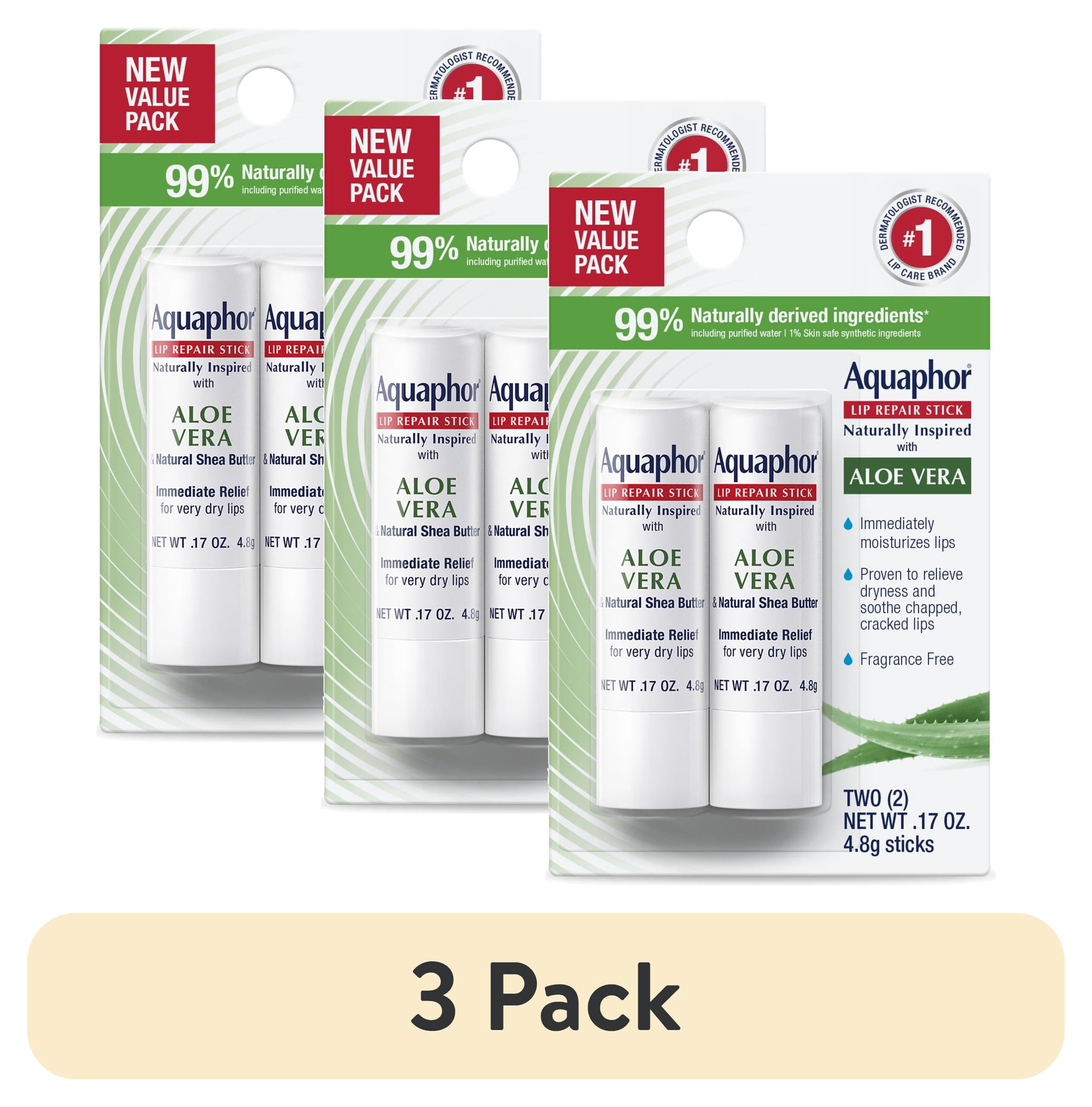 (3 pack) Aquaphor Naturally Inspired Lip Repair Balm Stick for Very Dry Lips with Aloe Vera, 0.17 oz, 2 Pack