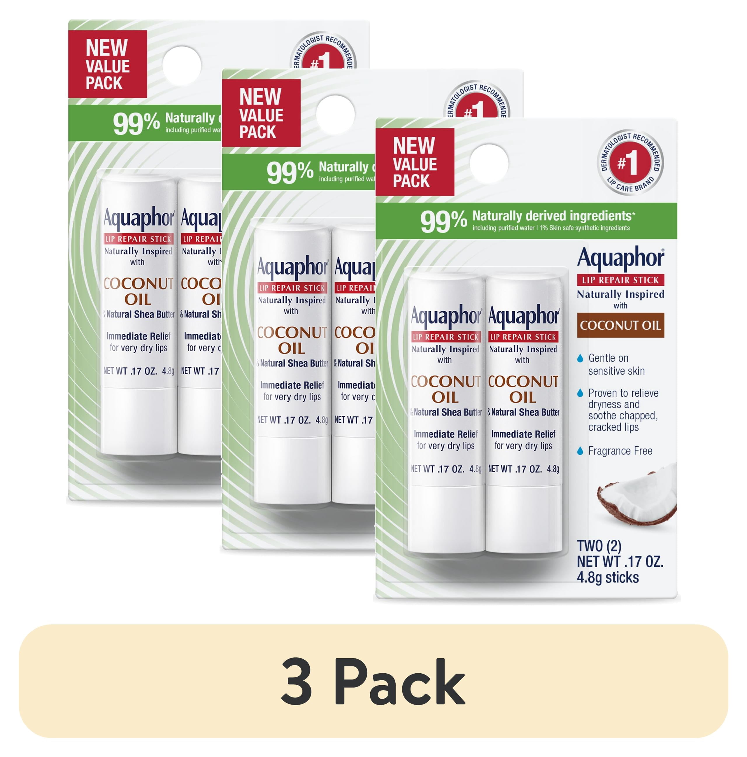 (3 pack) Aquaphor Naturally Inspired Lip Repair Balm Stick for Very Dry Lips with Coconut Oil, 0.17 oz, 2 Pack