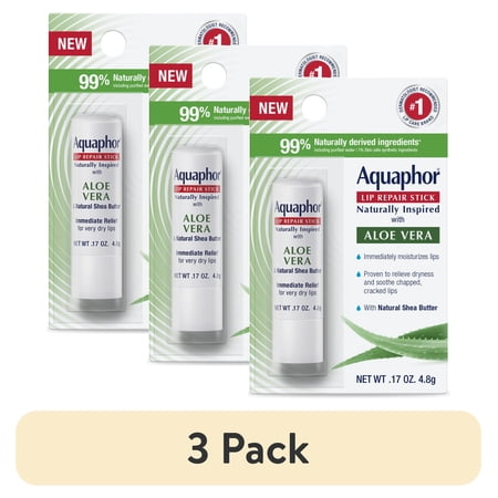 (3 pack) Aquaphor Naturally Inspired Lip Repair Balm Stick for Very Dry Lips with Aloe Vera, 0.17 oz