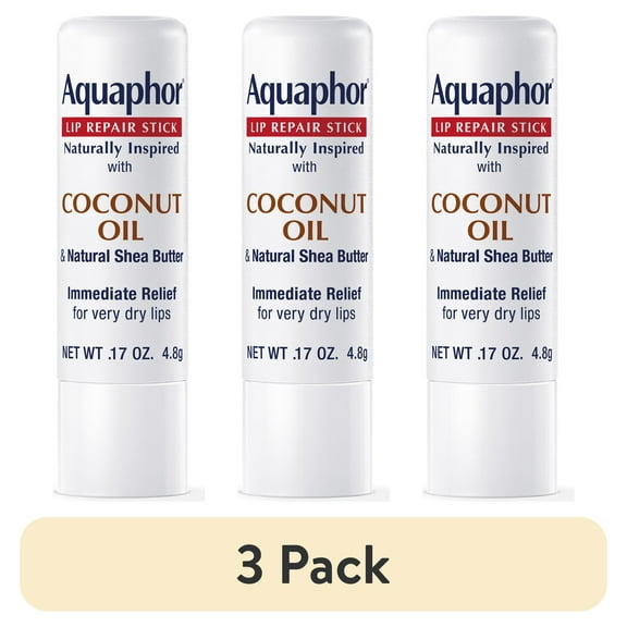 (3 pack) Aquaphor Naturally Inspired Lip Repair Balm Stick for Very Dry Lips with Coconut Oil, 0.17 oz