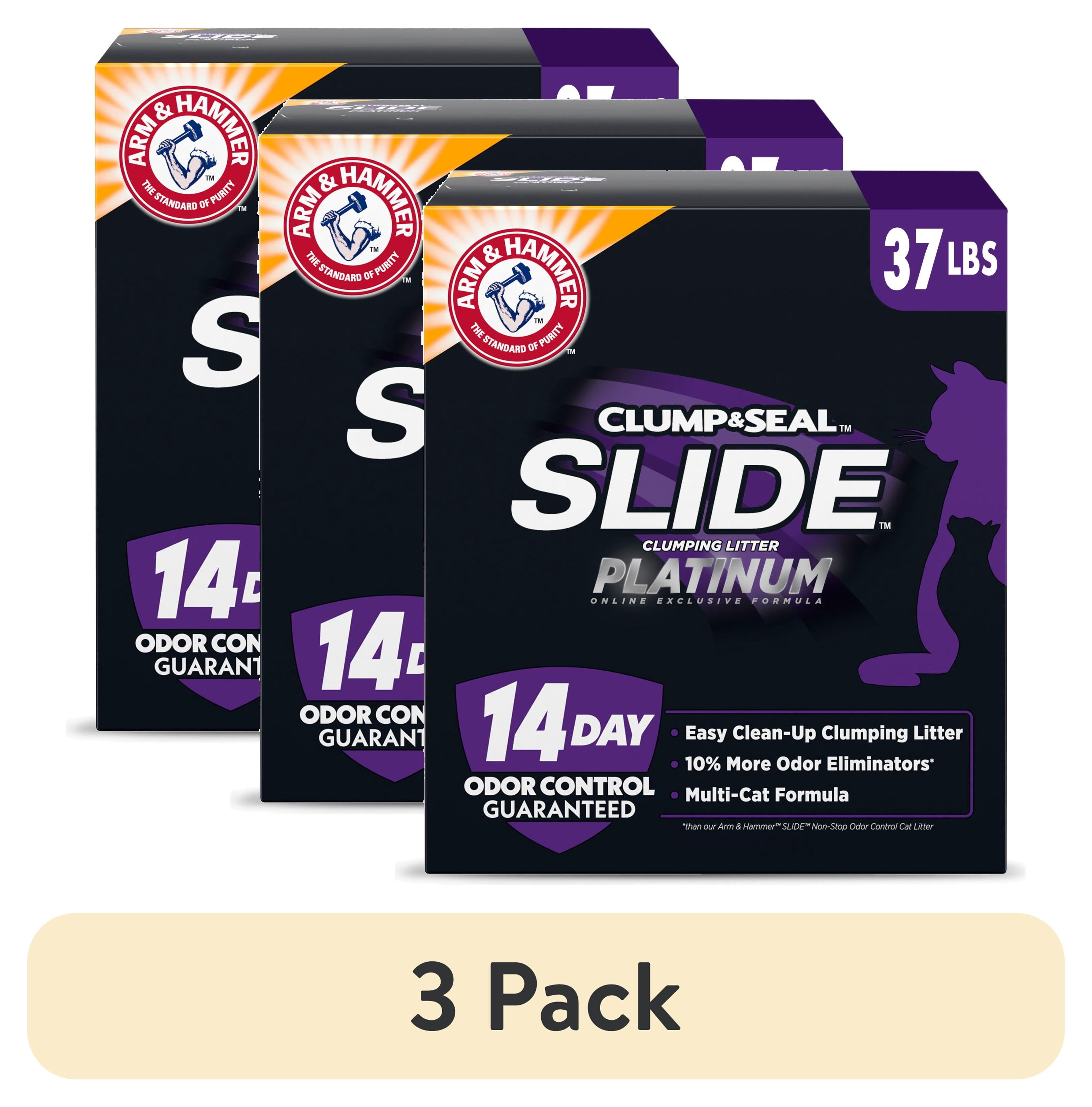 (3 pack) Arm & Hammer Platinum Slide Easy Clean Clumping Multi-Cat Litter, 37 lb