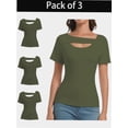 thumbnail image 1 of 3-pack Army Green Women's Fashion Clothes One Piece Cutout Tops Short Sleeve Knit Slim Fitted Shirts Tee Tshirts, 1 of 6