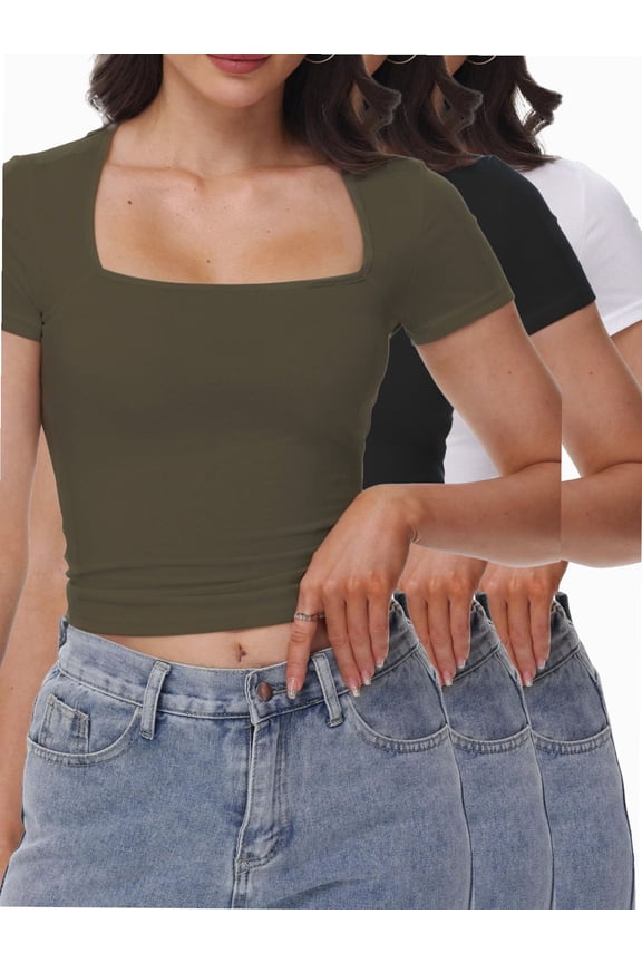 3-pack Army green&Black&White Women's Square Neck Short Sleeve T Shirts Double Lined Basic Tee Slim Fit Tops
