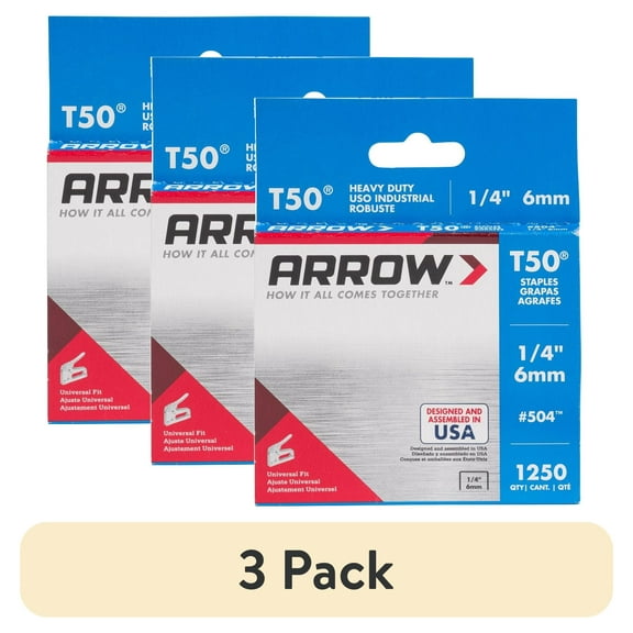 (3 pack) Arrow T50 1/4" Leg x 3/8" 20-Gauge Heavy-Duty Staples, 1,250-Pack for Repairs and New Applications