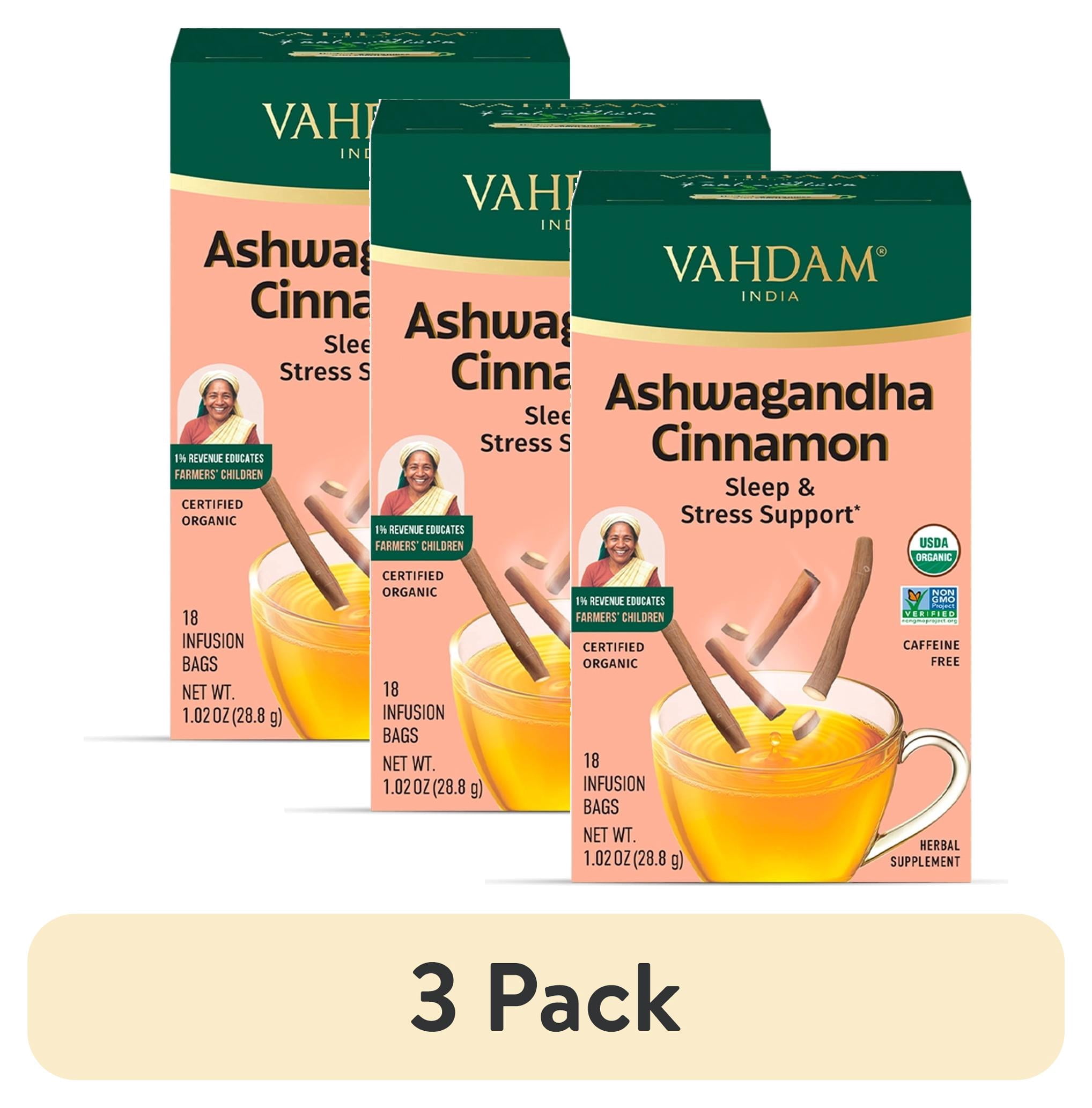 (3 pack) VAHDAM Organic Ashwagandha Cinnamon Herbal Tea, 18 Tea Bags | Adaptogen Stress Tea for Sleep & Relaxation — Ashwagandha Tea with Warming Cinnamon | Caffeine Free Herbal Tea, Non-GMO, Gluten-Free