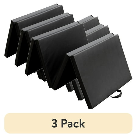 (3 pack) Athletic Works 2ftx6ft Four Folding Exercise Mat, Folding Gymnastics Mat, High-Density EPE Foamed Gym Mat, Black, 1.55 inch Thickness