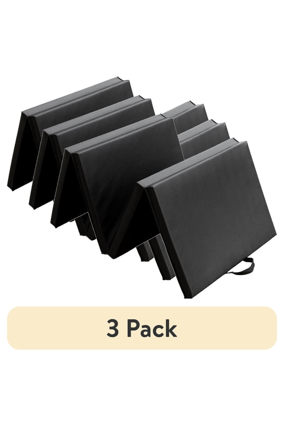 (3 pack) Athletic Works 2ftx6ft Four Folding Exercise Mat,  Folding Gymnastics Mat, High-Density EPE Foamed Gym Mat, Black, 1.55 inch Thickness