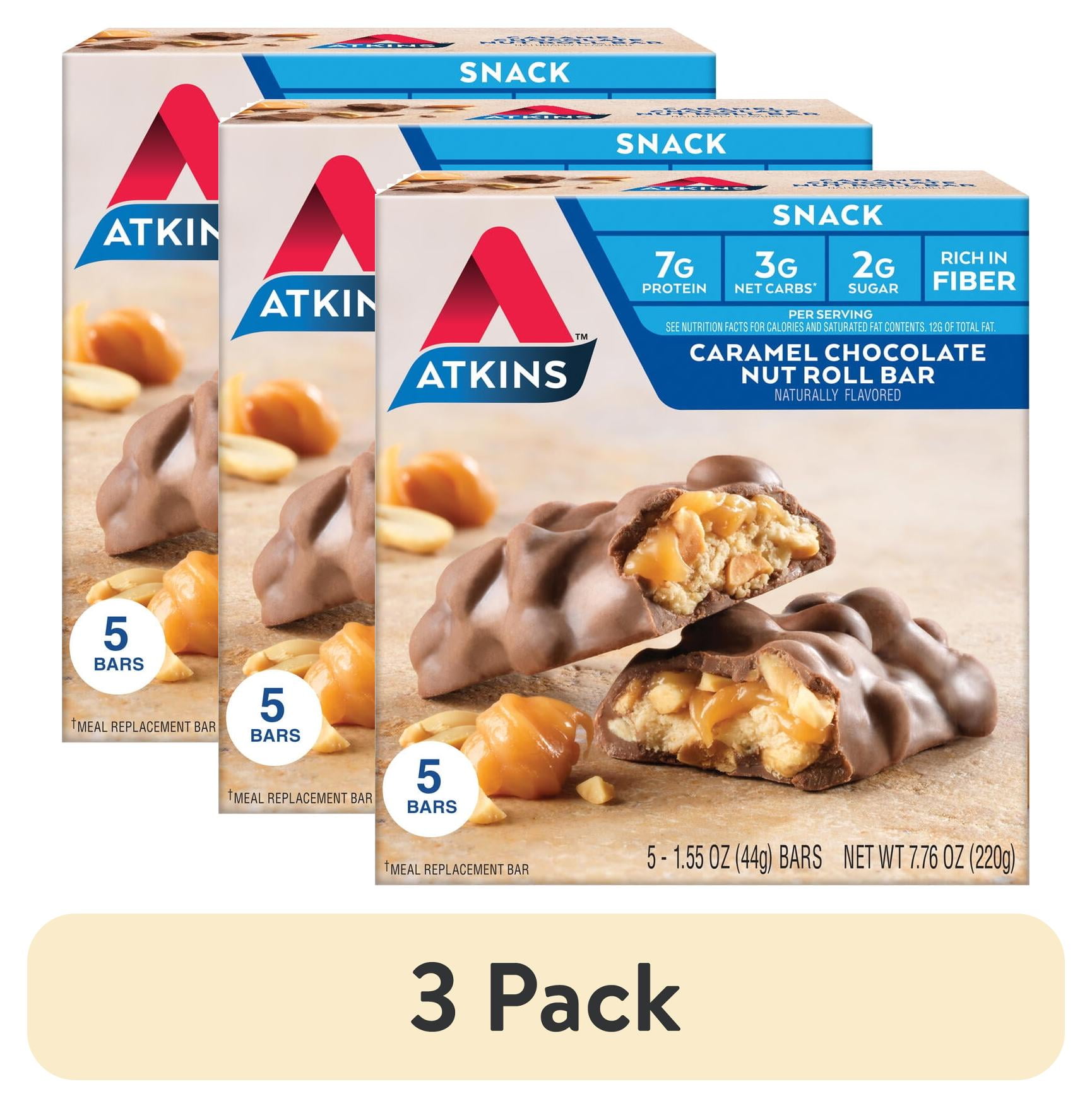 (3 pack) Atkins Snack, Protein Snack Bar, Caramel Chocolate Nut Roll Bars, 7g of Protein, 5 Count