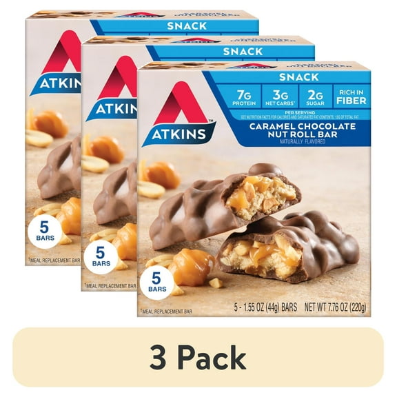 (3 pack) Atkins Snack, Protein Snack Bar, Caramel Chocolate Nut Roll Bars, 7g of Protein, 5 Count