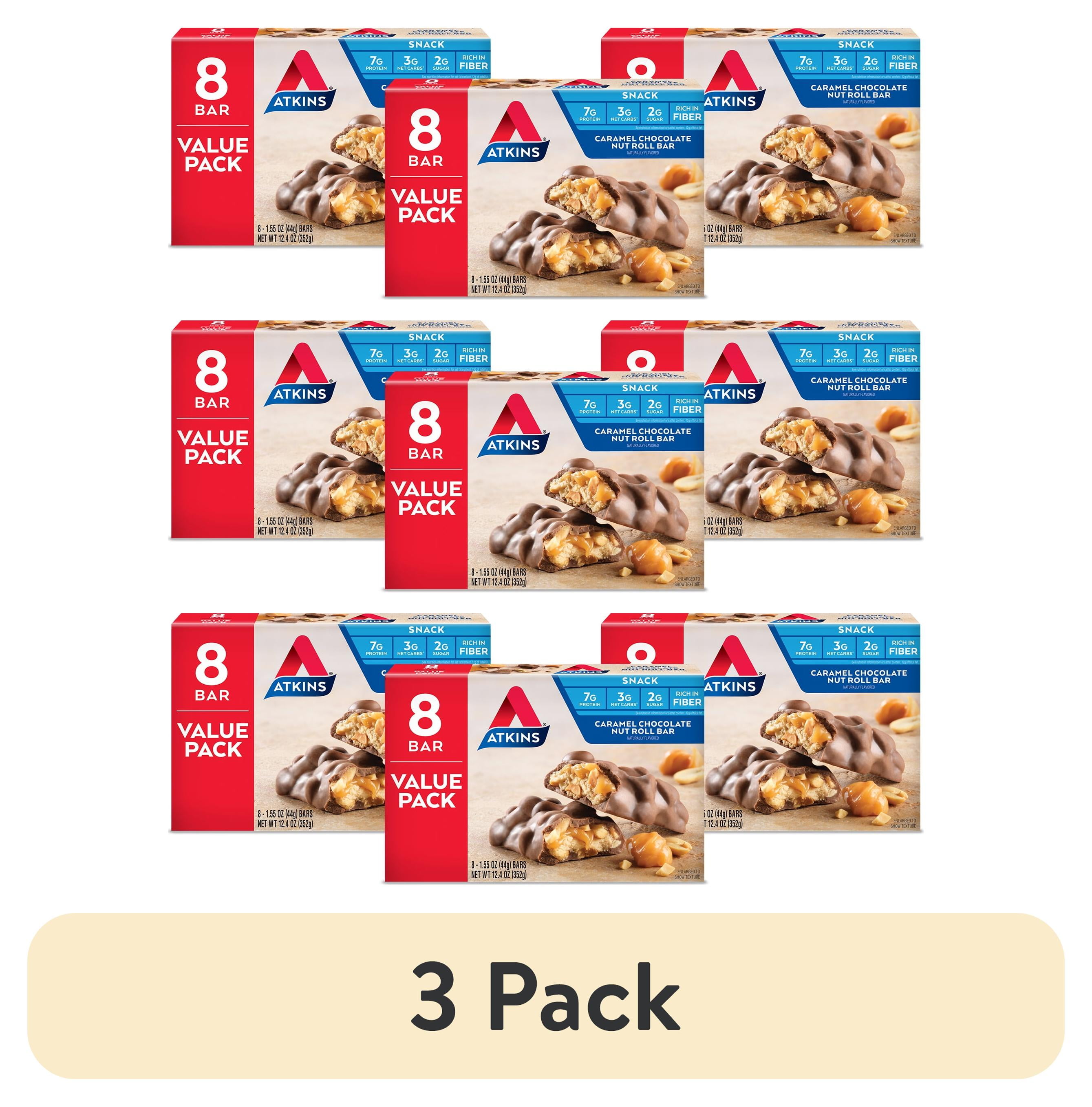 (3 pack) Atkins Caramel Chocolate Nut Roll Snack Bar, Protein Snack, High in Fiber, Low Sugar, 6/8 Packs