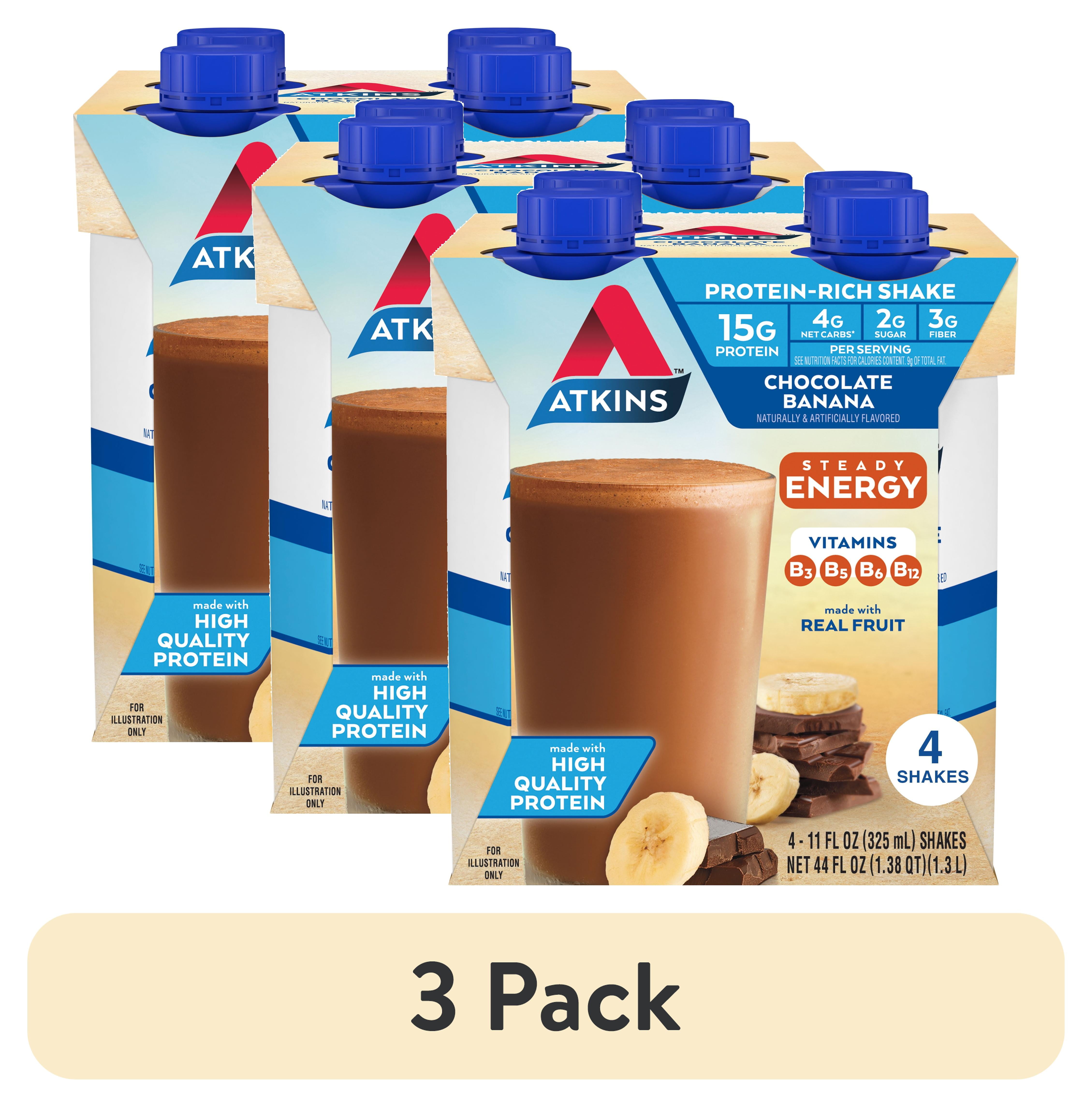 (3 pack) Atkins Chocolate Banana Protein Shake, High Protein, Low Glycemic, Low Carb, Low Sugar, Keto Friendly, 4 Count