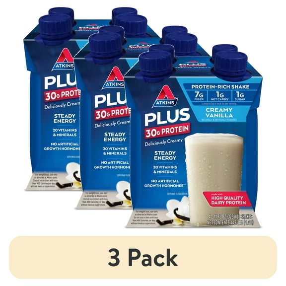 (3 pack) Atkins Creamy Vanilla PLUS Protein Shake, High Protein, Low Carb, Low Sugar, Keto Friendly, 4 Count