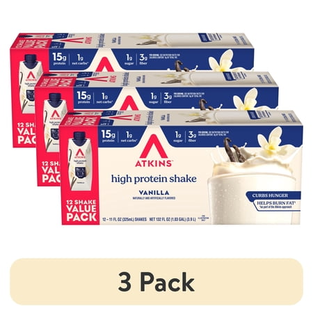 (3 pack) Atkins Creamy Vanilla Protein Shake, High Protein, Low Carb, Low Sugar, Keto Friendly, 12 Count (Value Pack)