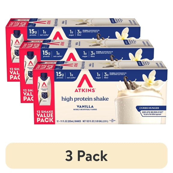 (3 pack) Atkins Creamy Vanilla Protein Shake, High Protein, Low Carb, Low Sugar, Keto Friendly, 12 Count (Value Pack)