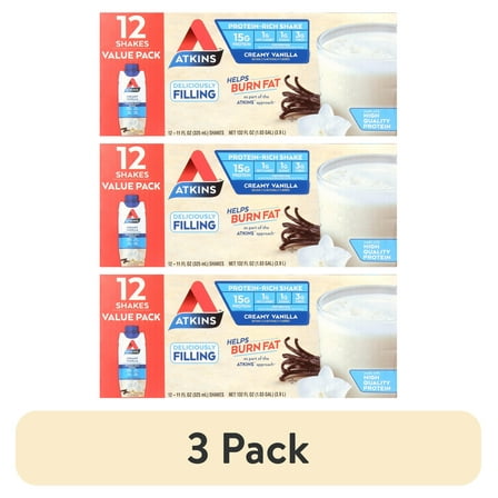 (3 pack) Atkins Creamy Vanilla Protein Shake, High Protein, Low Carb, Low Sugar, Keto Friendly, 12 Count (Value Pack)