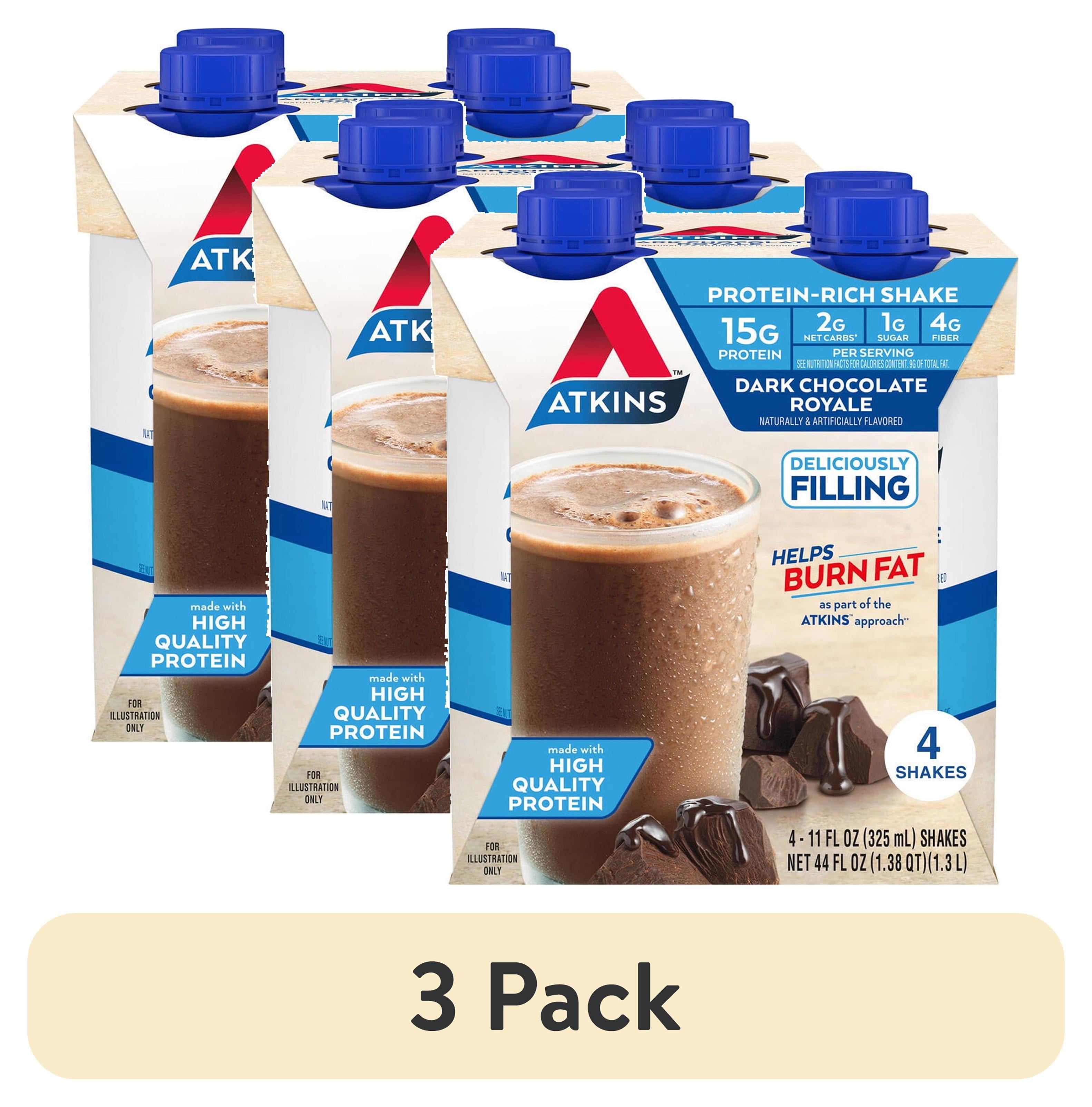 (3 pack) Atkins Dark Chocolate Royale Flavored High Protein Shake, Keto Shake, Low Carb Protein Shake, 4 Ct