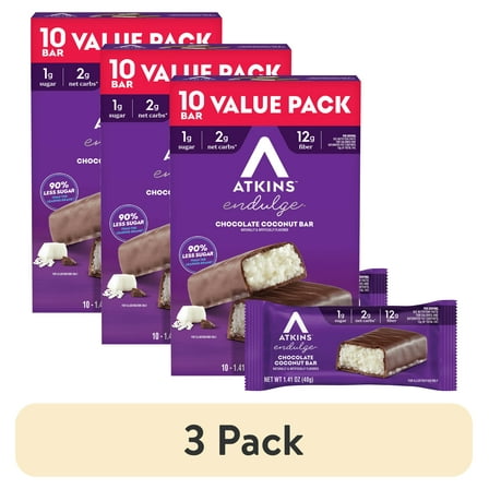 (3 pack) Atkins Endulge Treats, Chocolate Coconut Bar, Keto Friendly, 10 Count (Value Pack)