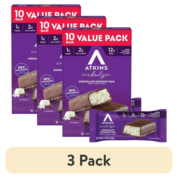 (3 pack) Atkins Endulge Treats, Chocolate Coconut Bar, Keto Friendly, 10 Count (Value Pack)