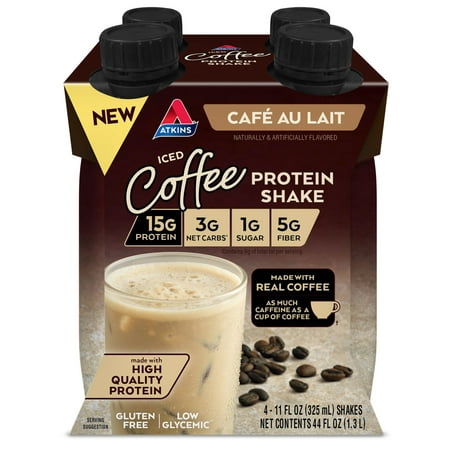 (3 pack) Atkins Café au Lait Iced Coffee Flavored High Protein Shake, Low Sugar and Low Carb, Keto Friendly, Ready to Drink Protein Shake, 4 Count