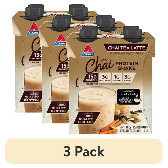 (3 pack) Atkins Chai Tea Latte Flavored High Protein Shake, Ready to Drink, Low Sugar and Low Carb Shakes, Keto-Friendly, Made with Real Tea, 4 Count