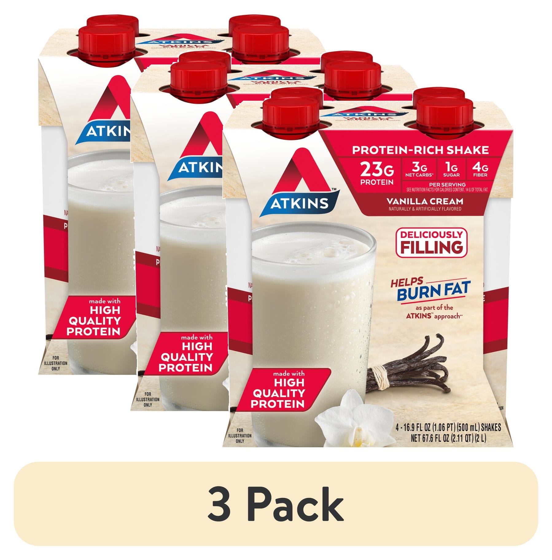 (3 pack) Atkins Meal Size Protein-Rich Shake, Vanilla Cream, Keto Friendly, 4 Count