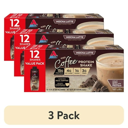 (3 pack) Atkins Mocha Latte Iced Coffee Flavor High Protein Shake, 15g of Protein, 1g Sugar, Low Carb and Low Sugar Protein Shakes, Keto Friendly, 12 Count