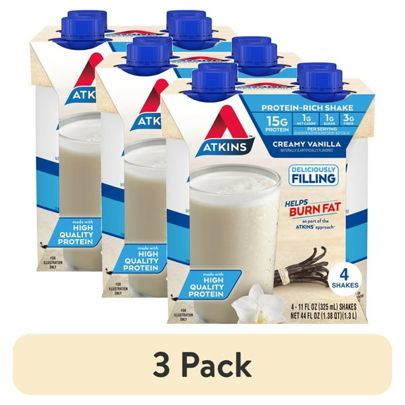 (3 pack) Atkins Protein Shake, Creamy Vanilla, Keto Friendly, Gluten Free, 4 Ct (Ready to Drink)