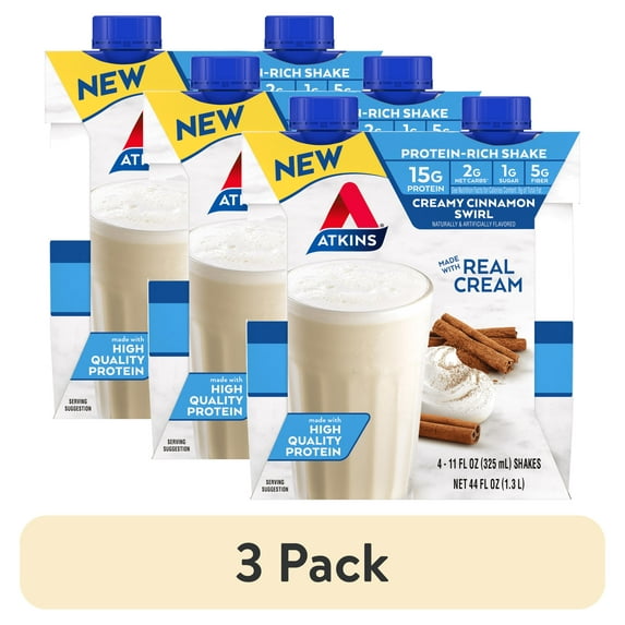 (3 pack) Atkins Protein Shake, Low Glycemic, High Protein, Creamy Cinnamon Swirl, 4 Count
