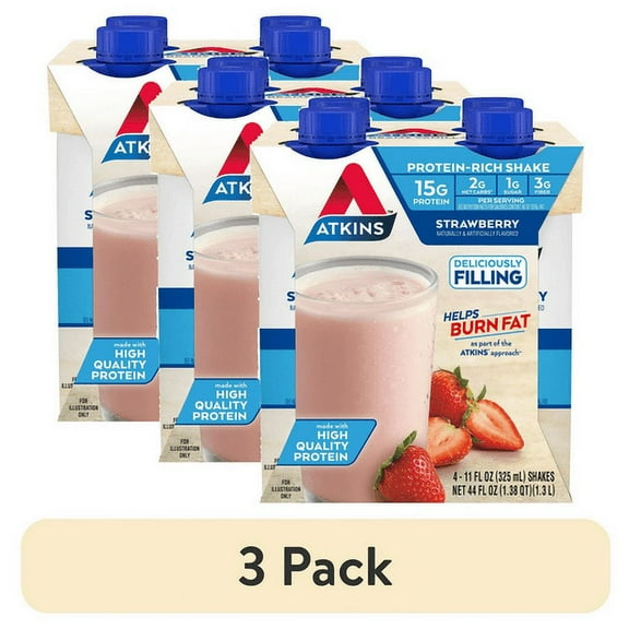 (3 pack) Atkins Protein Shake Strawberry Flavored, 15g Protein, Keto Friendly, 11 fl oz, 4 Count