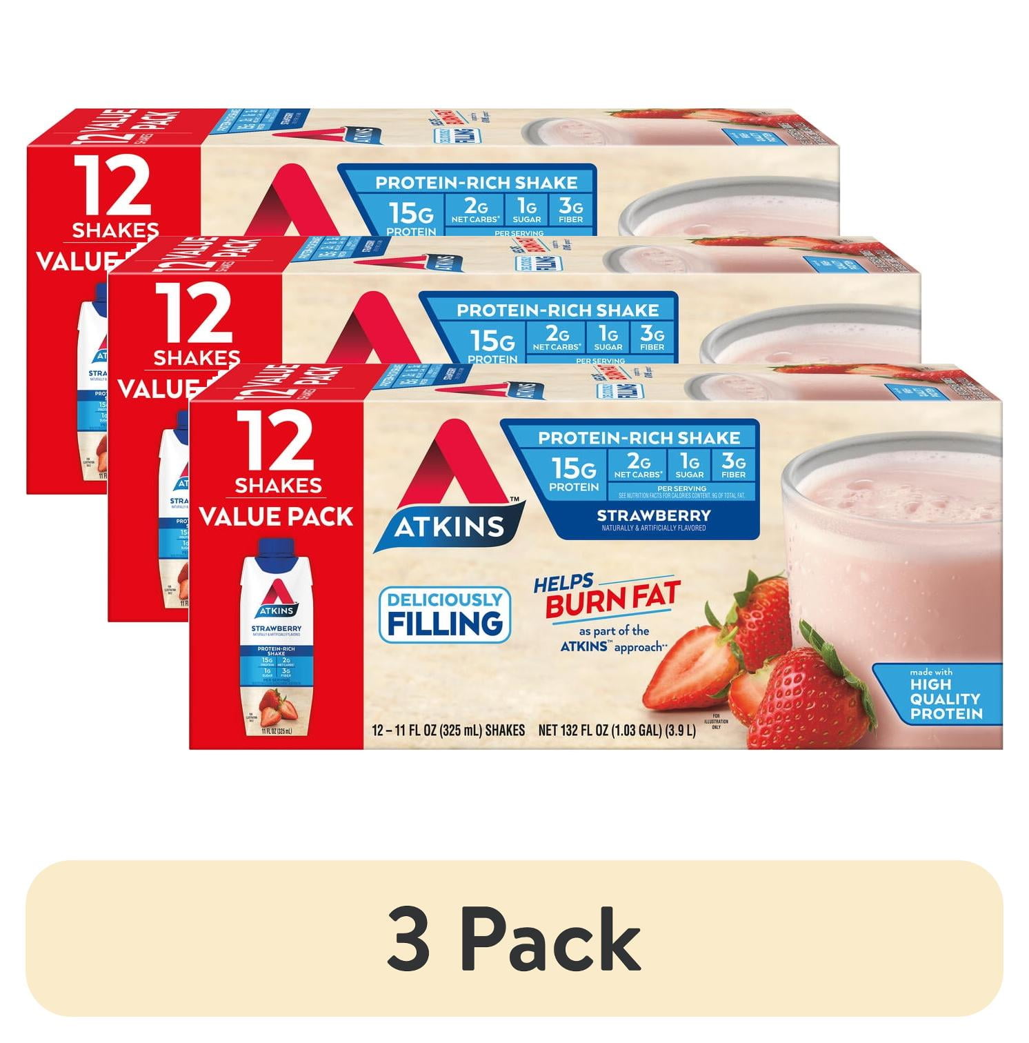 (3 pack) Atkins Protein Shake, Strawberry, Keto Friendly, 15g of Protein, 12 Ct (Ready to Drink)