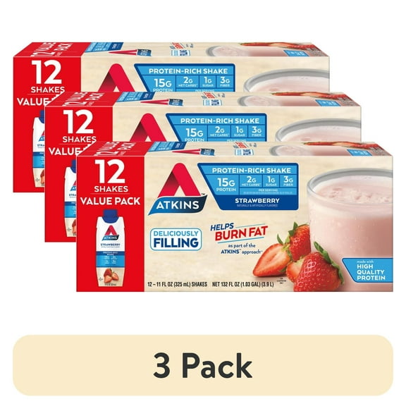 (3 pack) Atkins Protein Shake, Strawberry, Keto Friendly, 15g of Protein, 12 Ct (Ready to Drink)