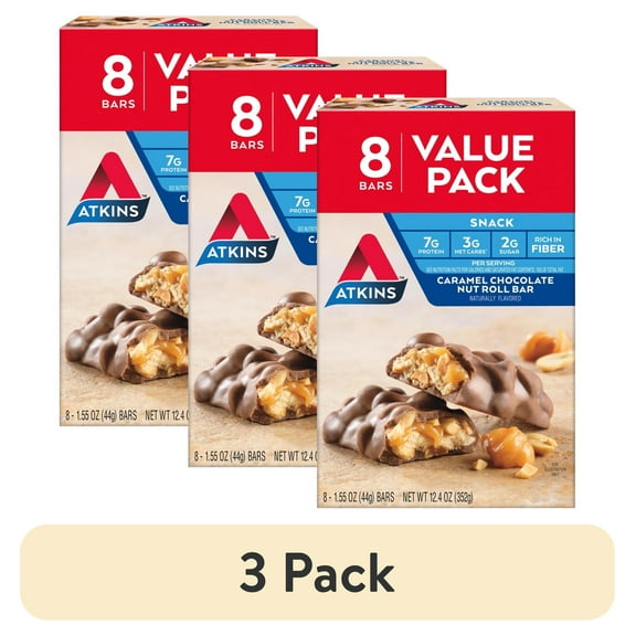 (3 pack) Atkins Snack Bar, Caramel Chocolate Nut Roll, Keto Friendly, 8 Ct