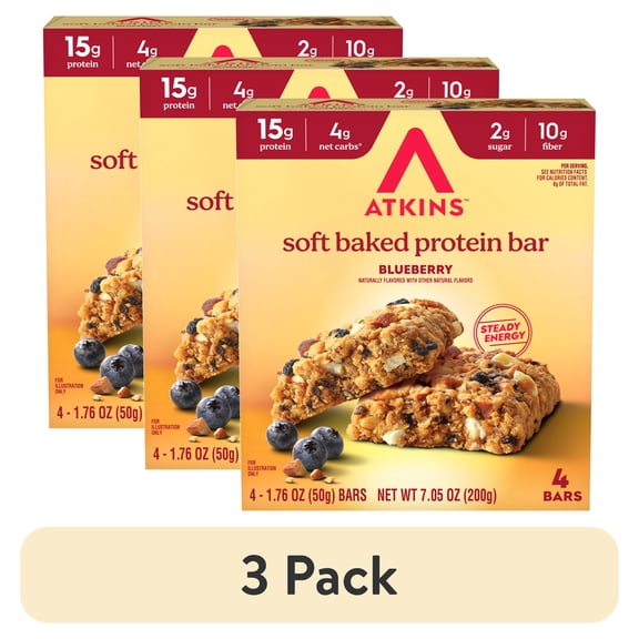(3 pack) Atkins Soft Baked High Protein Bars, Blueberry, 15g Protein, 4g Net Carbs, 2g Sugar, High Fiber, Keto Protein Bars, Low Sugar, 4 Count