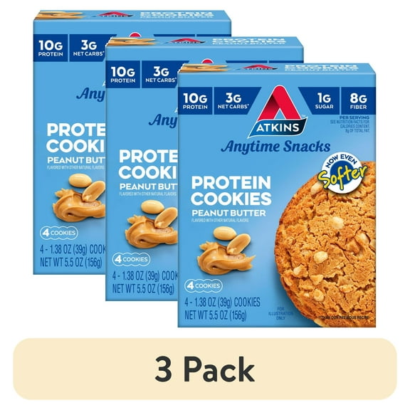 (3 pack) Atkins Soft and Chewy Peanut Butter Protein Cookie, Keto Friendly, High Protein, Low Carb, Keto Friendly, 4 Count
