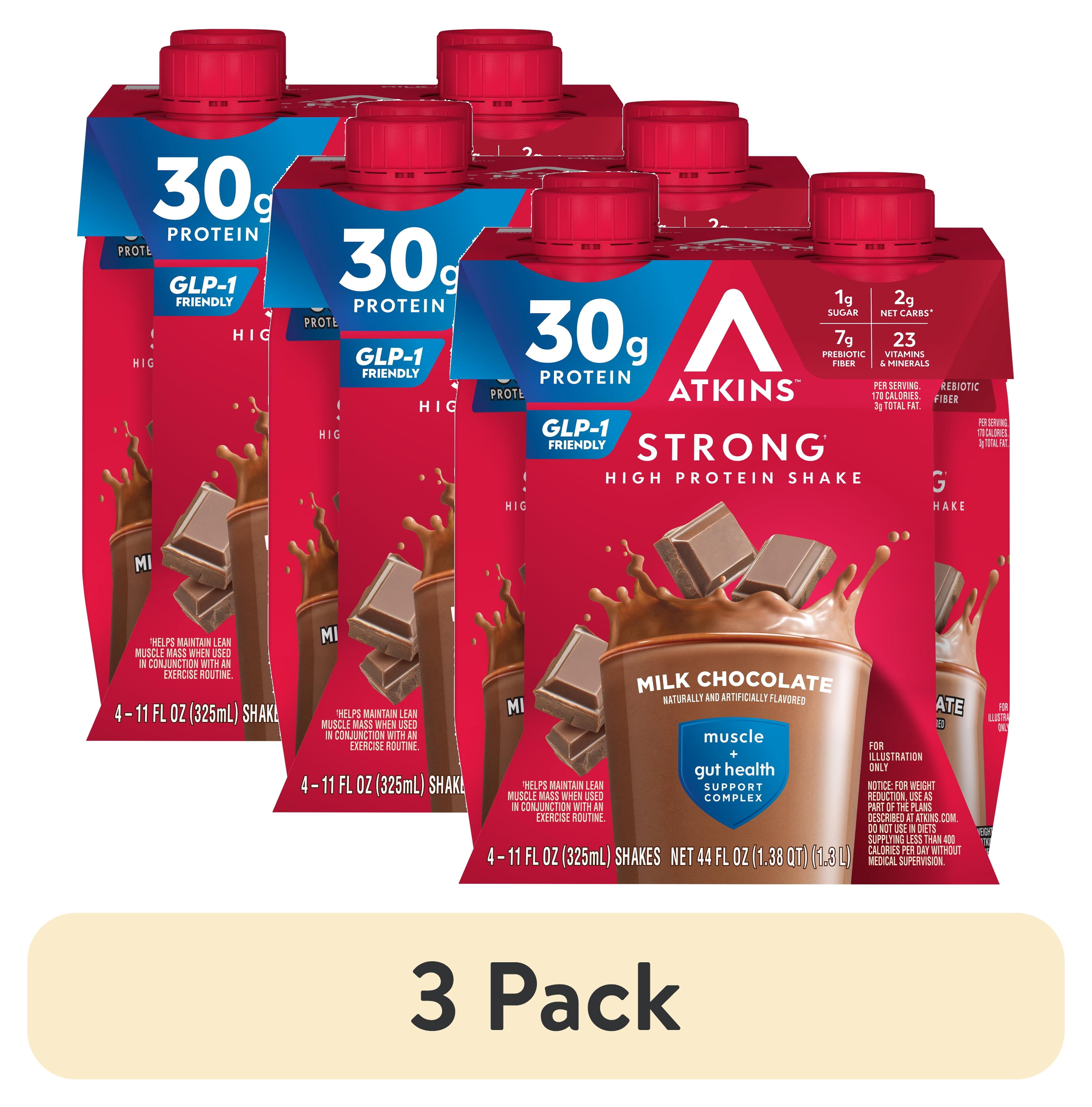 (3 pack) Atkins Strong, High Protein Shake, Milk Chocolate, 30g of ...