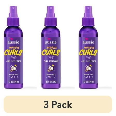 (3 pack) Aussie Miracle Curls Curl Refresher Spray for Frizzy Hair, Silicone Free 5.7 fl oz