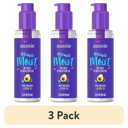 (3 pack) Aussie Miracle Moist Intense Hydration Hair Oil with Jojoba Oil, for Dry and Damaged Hair, 3.2 fl oz