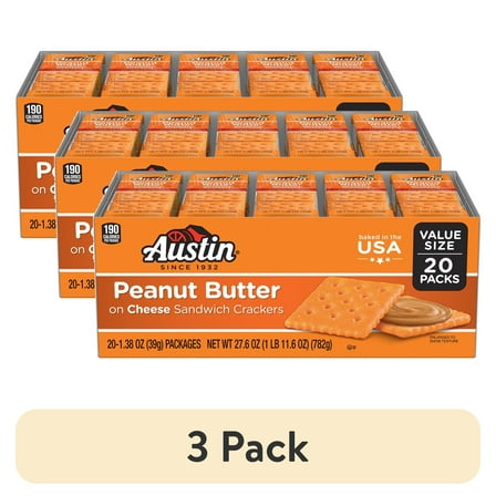 (3 pack) Austin Peanut Butter on Cheese Sandwich Crackers, Single Serve Snack Crackers, 20 Count