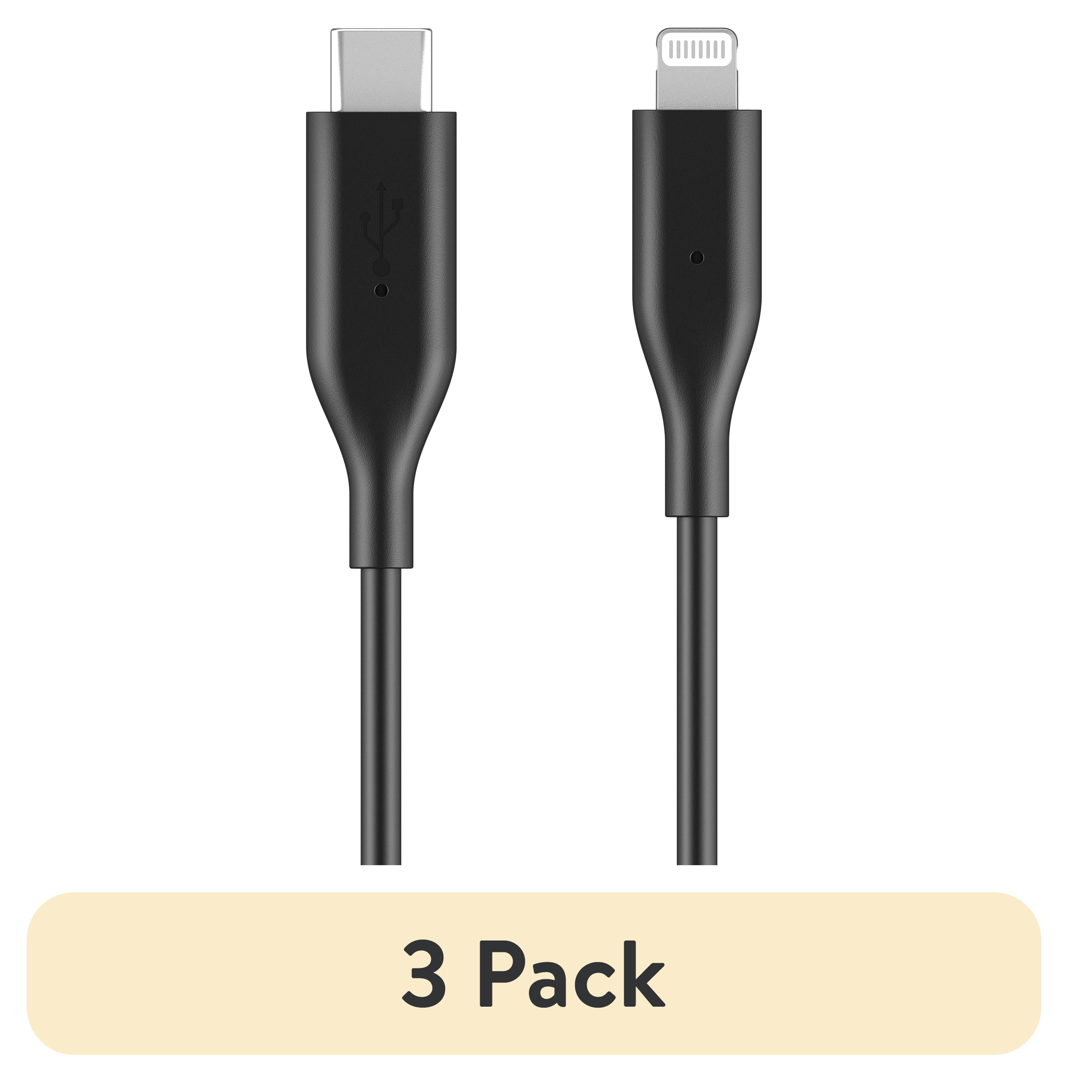 (3 pack) Auto Drive Lightning to USB C, 3" Charging & Data Sync Cable, MFI Certified, PVC, Black, Single pack