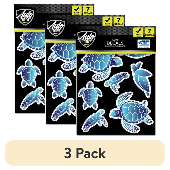 (3 pack) Auto Drive Sea Turtle Decals - Set of 7 Vinyl Car Stickers Blue Chrome